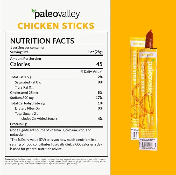 Paleovalley Pasture-Raised Chicken Sticks – 10 Pack – 7g Protein per Stick – Keto-Friendly, Paleo, Gluten-Free, Nitrate-Free – On-the-Go Snack (10 Pack, Teriyaki)
