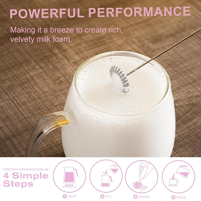 Handheld Milk Frother Wand for Coffee, Matcha, Latte, Cappuccino, Hot Chocolate, Egg, Pink