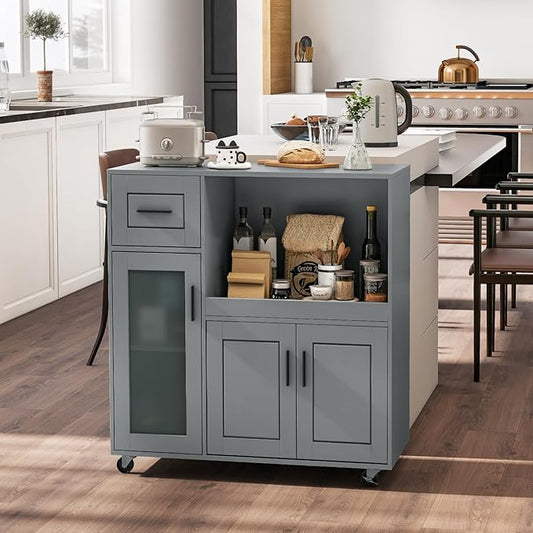Giantex Rolling Kitchen Island with Storage, Mobile Kitchen Cart with Wheels, Tempered Glass Door, Drawer, 3-Level Adjustable Shelf, Microwave Cart, Coffee Cart Station for Dining Room, Grey