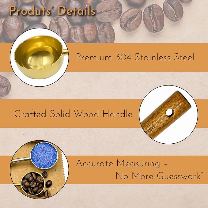 Gold Coffee Scoop with Wooden Handle, 1 Tablespoon / 15 ml, 304 Stainless Steel Measuring Spoon for Ground Coffee, Espresso, Tea, Protein Powder, Spices (6 Pack)