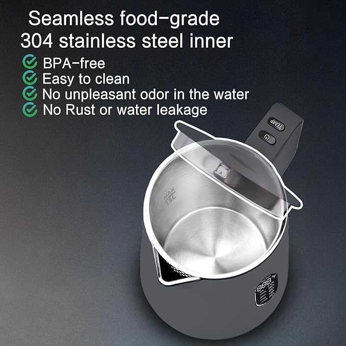 1.5L Electric Kettle Stainless Steel, Double Wall Cool Touch Teapot, Fast Boil,5 Temperature Control, LED Display, Auto Shut-Off, BPA-Free,Keep Warm Function, Ideal for Tea & Coffee (Gray)