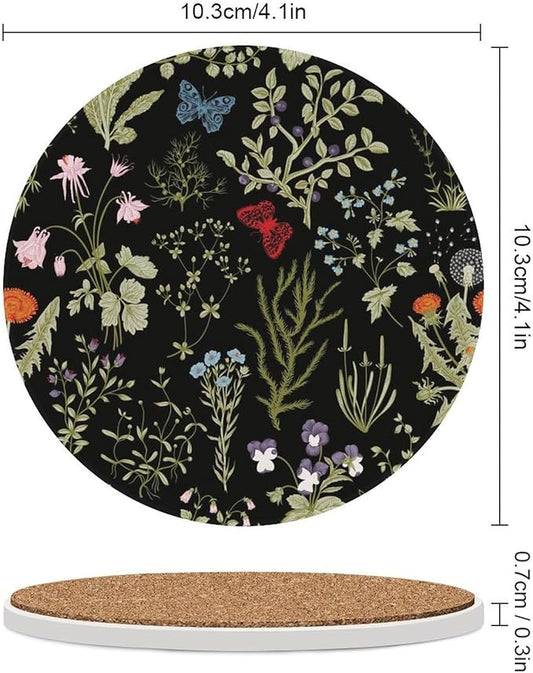 Round-6PCS Botanical Ceramic Coasters, Round Absorbent Drink Coasters, Colorful Cartoon Abstract Botanical Mushroom Plants Pattern Ceramic Table Coasters for Coffee, Beverage, Wine, Beer Coasters