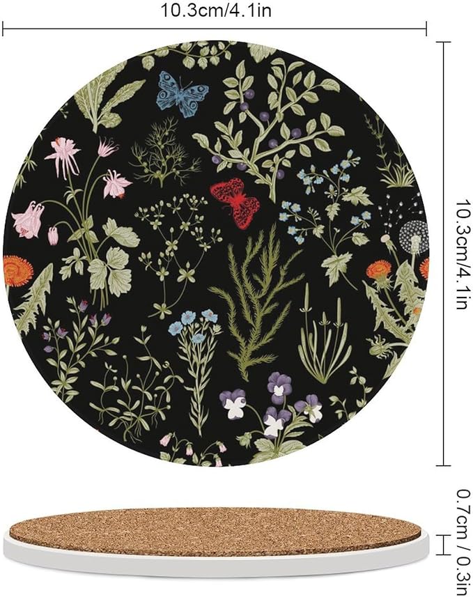Botanical Drink Coasters, Round Ceramic Drink Coaster Round-4PCS, Colorful Cartoon Abstract Botanical Mushroom Plants Pattern Decor Absorbent Ceramic Coasters for Beverage Cup, Bar, Coffee Table