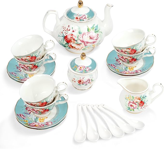 fanquare 21-Piece Green and Floral Porcelain Tea Set, Vintage Ceramic Tea Cup and Saucer Set for 6, Teapot Set for Women Party
