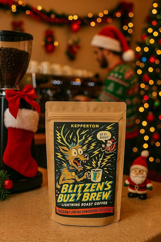 Kepperton Blitzen’s Buzz Brew Lightning Roast Coffee Gift Funny Christmas Coffee for Teachers Basket Secret Santa or Office Gag Gift Reindeer Sleigh