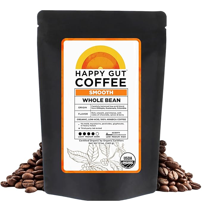 Happy Gut Coffee - Doctor-Formulated, Organic Medium-to-Dark Roast Coffee - Gut-Friendly - Gentle on Stomach - Rich Flavor, Gluten-Free, No Bitterness - 12oz - SMOOTH - Whole Bean