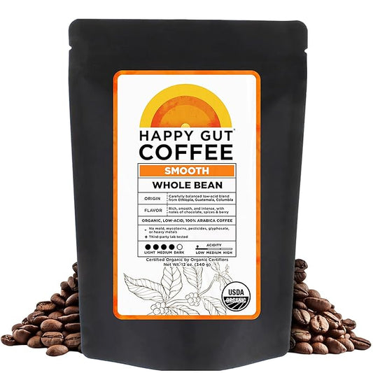 Happy Gut Coffee - Doctor-Formulated, Organic Medium-to-Dark Roast Coffee - Gut-Friendly - Gentle on Stomach - Rich Flavor, Gluten-Free, No Bitterness - 12oz - SMOOTH - Whole Bean