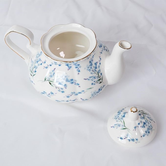 33.8 oz Porcelain Tea Pot Luxury Gold Trim Floral Ceramic Teapot Waterpot Tea Maker for Blooming Loose Leaf Tea Coffee Milk Chrismas Women Gift Housewarming Home Kitchen Décor (Blue Blossom)