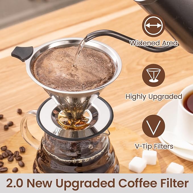 【2.0 Upgraded】Pour Over Coffee Dripper, Stainless Steel Reusable Coffee Filter with Non-Slip Base & Handle, Paperless Coffee Maker (silver)