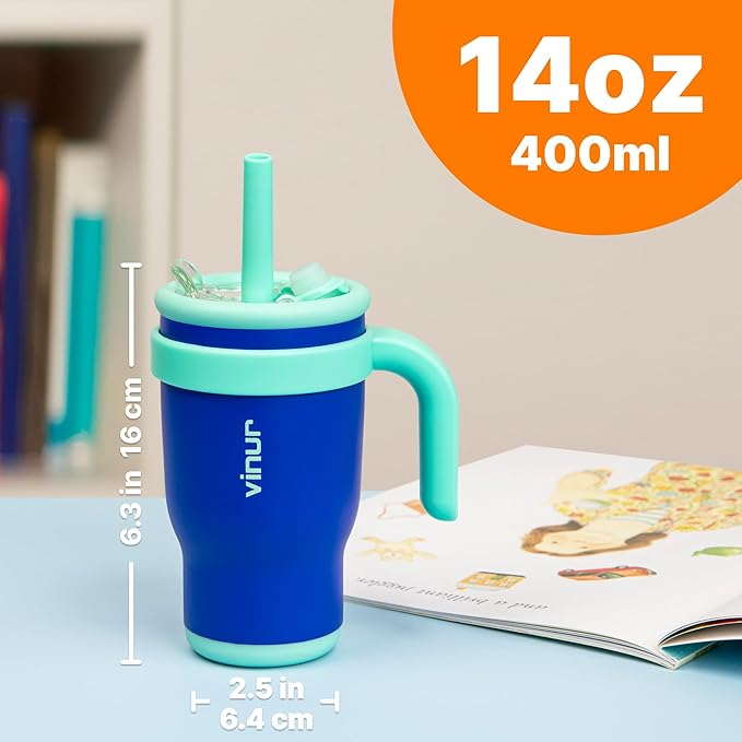 VINUR 14 oz Kids Tumbler with Handle and Straw Lid-2 Pack Stainless Steel Insulated Tumbler Travel Cup with Rubber Base|Drop and Leak Resistant |Cup Holder Friendly (Canyon Red-Navy)