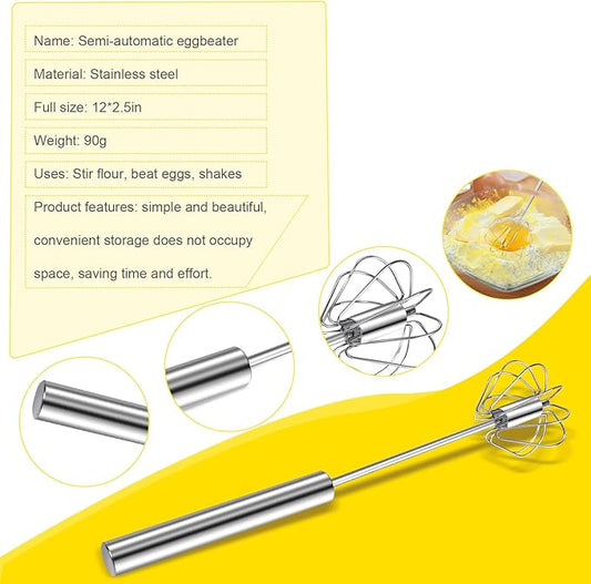 Stainless Steel Egg Whisk, 12 Inch Hand Mixer, Upgraded Semi-automatic Whisk, Ideal For Blending, Whisking, Baking tool, Beating Eggs, Butter & Milk, Suitable For Home Kitchen Use.