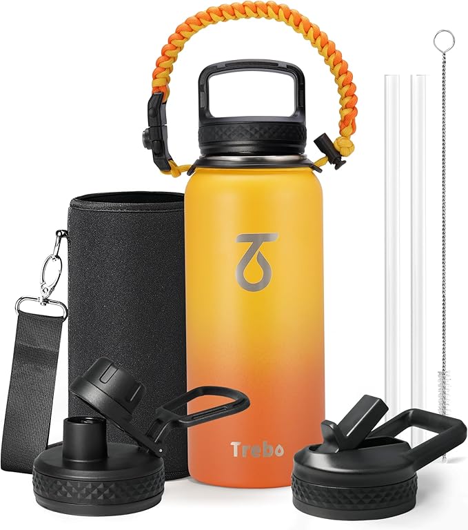 Trebo 32oz Water Bottle Insulated with Lid and Straw,Double Wall Vacuum Stainless Steel Metal Tumbler Sports Flask with Paracord Handle, Keep Hot 24 Hours & Cold 48 Hours Water Cup with 3 Lids, Orange