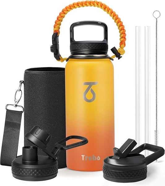 Trebo 32oz Water Bottle Insulated with Lid and Straw,Double Wall Vacuum Stainless Steel Metal Tumbler Sports Flask with Paracord Handle, Keep Hot 24 Hours & Cold 48 Hours Water Cup with 3 Lids, Orange
