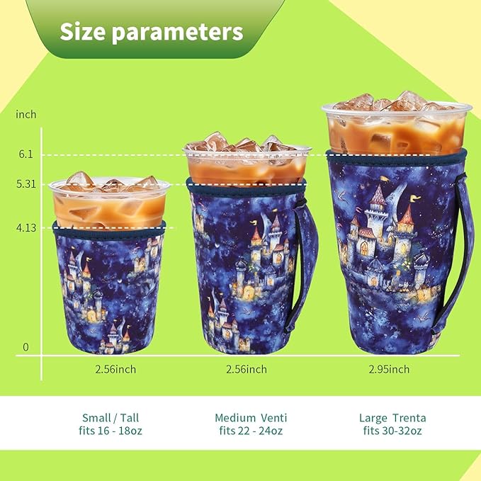 3 Pack Iced Coffee sleeve Insulated Neoprene Cup Sleeves with handle For Cold Drinks Beverages, Reusable Cup Holder for 16oz-32oz Coffee Cups (Castle in the Sky)