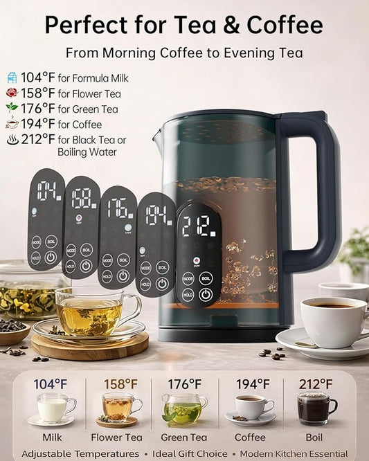 Electric Kettle with Temperature Control, 1.7L Stainless Steel Hot Water Kettle, 5 Presets for Tea & Coffee, 2H Keep Warm, Fast Boil, Auto Shut-Off & Boil-Dry Protection, Cordless Tea Kettle, Green