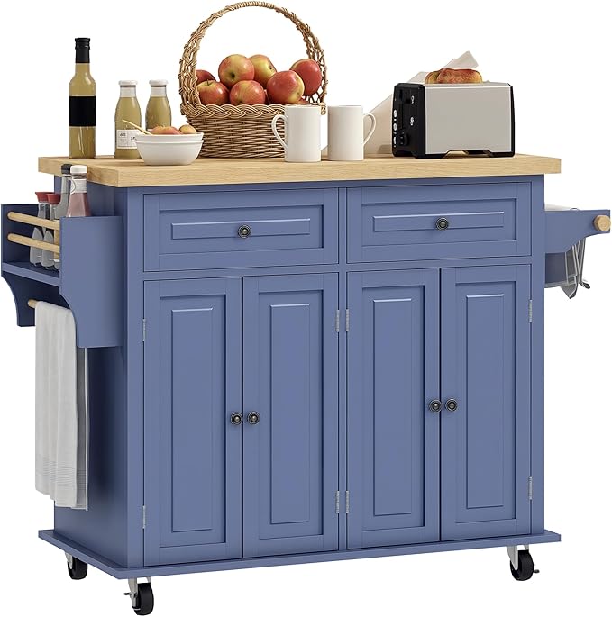 HOMCOM Kitchen Island Cart with Rubber Wood Top, Rolling Kitchen Island Table on Wheels with Drawers, Adjustable Shelves, Spice Rack and Towel Rack for Dining Room, Navy Blue