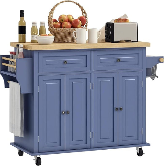 HOMCOM Kitchen Island Cart with Rubber Wood Top, Rolling Kitchen Island Table on Wheels with Drawers, Adjustable Shelves, Spice Rack and Towel Rack for Dining Room, Navy Blue