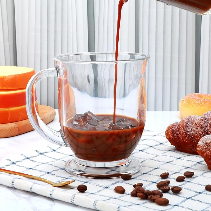 Glass Mugs, 4 Pack 15 Oz Clear Large Mugs With Handles for Hot and Cold Drinks, Perfect for Coffee, Latte, Cappuccinos, Tea and More