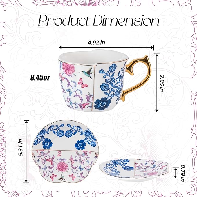 KAMMAK Tea Cups and Saucers Set of 2, Porcelain Coffee Cups, 8-Ounce Stackable Espresso Mugs, Ceramic Demitasse for Coffee, Latte, Americano, Tea, Butterfly & Bird