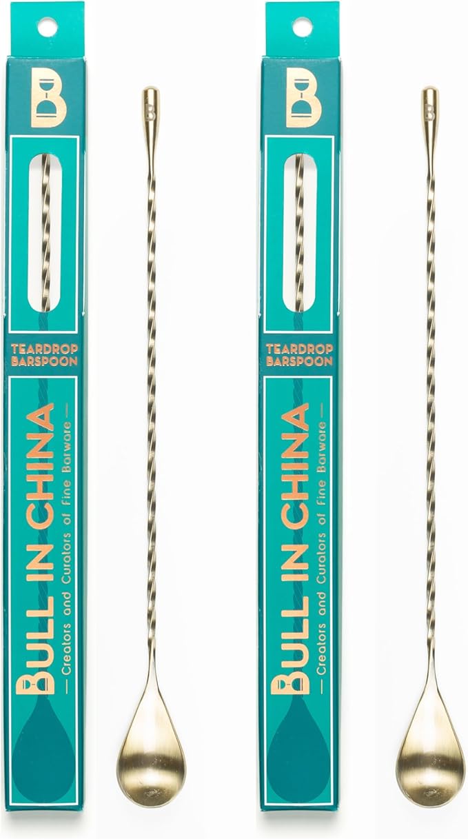 Teardrop Barspoon by Bull In China - 12" / 30cm Antique Brass Weighted Cocktail Stirring Spoon With Spiral Pattern for Bars & Bartenders