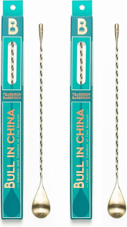 Teardrop Barspoon by Bull In China - 12" / 30cm Antique Brass Weighted Cocktail Stirring Spoon With Spiral Pattern for Bars & Bartenders