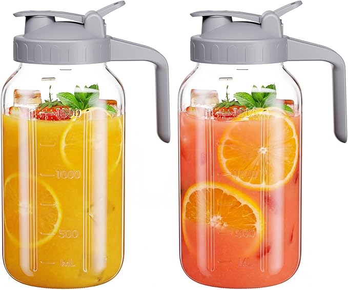Glass Mason Jar Pitcher, 64 oz Wide Mouth Jug with Pour Spout Handle Lid for Cold Brew Coffee, Ice Beverage, Iced Juice, Lemonade, Sun Tea, Fruit Drinks Container（2PACK）