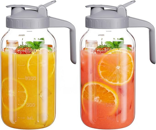 Glass Mason Jar Pitcher, 64 oz Wide Mouth Jug with Pour Spout Handle Lid for Cold Brew Coffee, Ice Beverage, Iced Juice, Lemonade, Sun Tea, Fruit Drinks Container（2PACK）