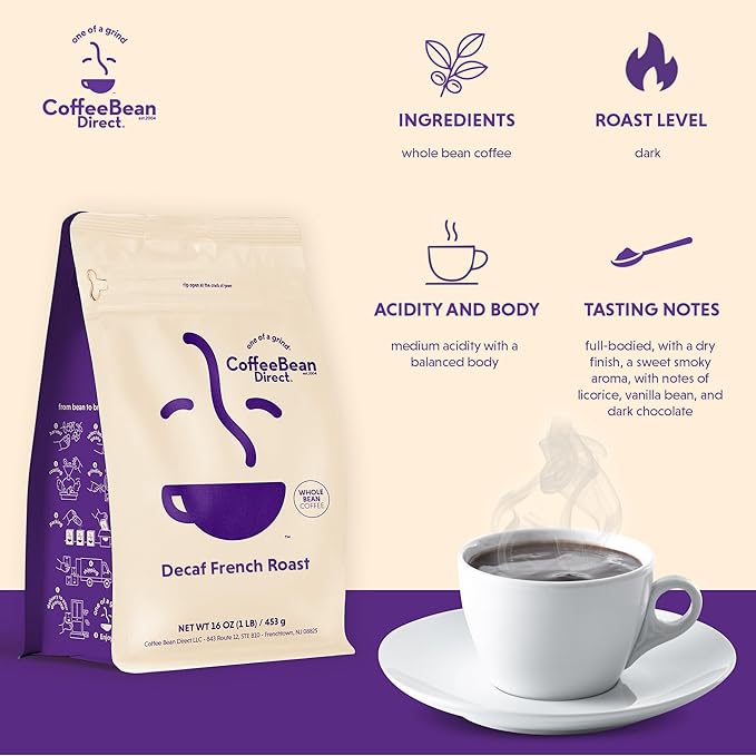 Coffee Bean Direct Decaf French Roast Blend, Whole Bean Coffee, Dark Roast, 1 Pound Bag (Pack of 1)