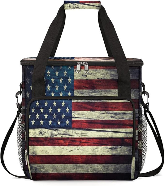 Vintage American Usa Flag Coffee Maker Carring Bag Travel Storage Tote Bag Compatible with Keurig K-Mini or K-Mini Plus Portable Single Serve Coffee Brewer Case with Pockets for K-cup Pods