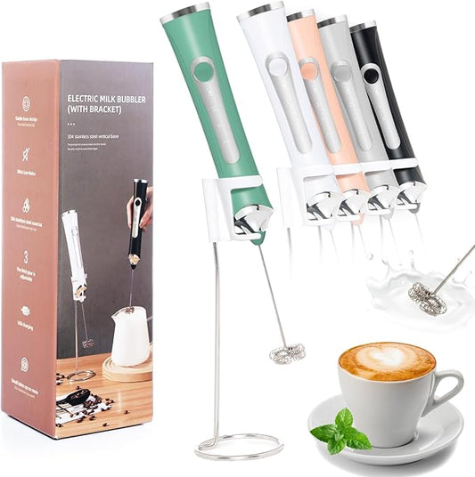 Rechargeable Milk Frother Handheld For Coffee,3 Speeds Frother Wand With Stand, Batidora De Mano Electrica,Coffee Frother With 2 Heads,Drink Mixer Electric Handheld,Kitchen Essentials (Green 1)