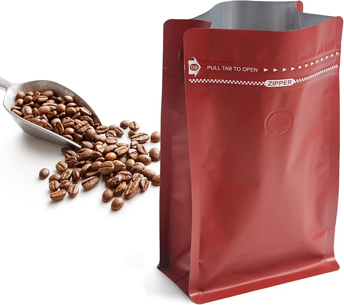 100 Count 16oz Red Coffee Bags with Aluminum Foil Liner, High Barrier Coffee Pouches with Degassing Valve, Ziplock Food Storage Bags with Pull Tape, Pack of 100, 16oz/1lb/500gram