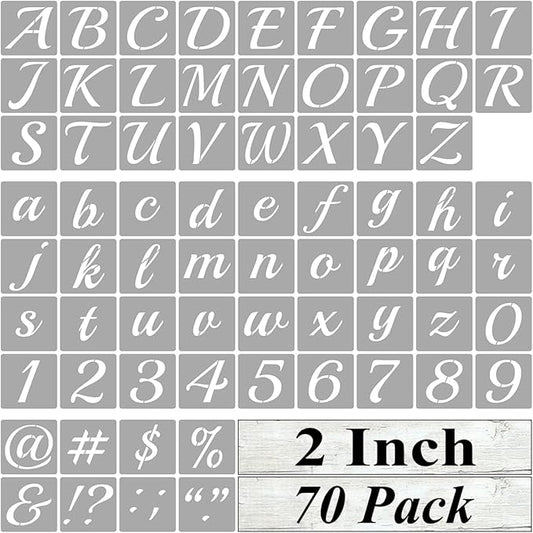 2 Inch Alphabet Letter Stencils for Painting - 70 Pack Letter and Number Stencil Templates with Signs for Painting on Wood, Reusable Cursive Letters Stencils for Chalkboard Wood Signs & Wall Art