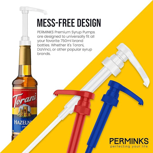 Premium Syrup Pump Compatible with Torani 750 ml Bottle, Davinci Syrups - No Spill, No Clog Syrup Pump Dispenser for Vanilla, Snow Cone, Coffee Flavoring & More (Pack of 6, Red, White & Blue)