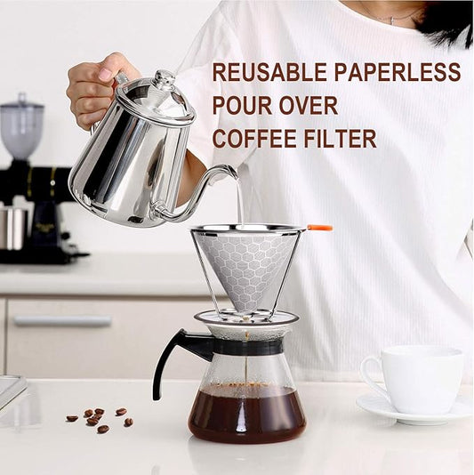 Stainless Steel Pour Over Coffee Dripper – Reusable 800-Mesh Filter with Removable Stand