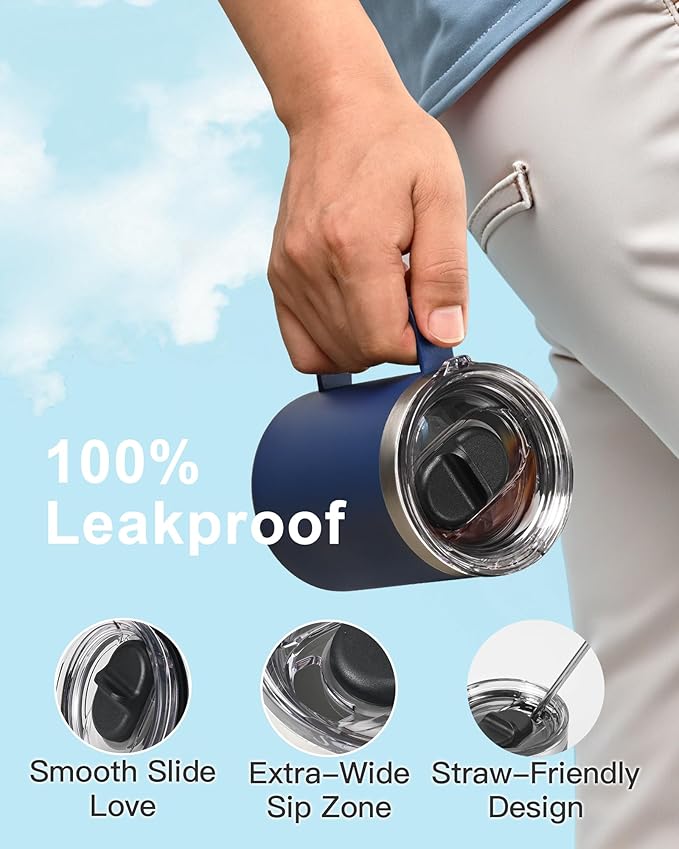 Insulated Coffee Mug 12 oz, Double Wall Stainless Steel Coffee Mug with Lids, Leak-Proof & Detachable Slider Lid for Thorough Clean, Keeps Coffee Cold for 9 Hrs, Suitable for Camp Home Office