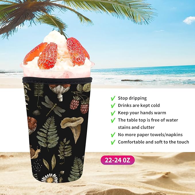 Reusable Neoprene Insulator Sleeve for Iced Coffee Cold Soda Cups, Cute Durable Drink Sleeve for Cold Beverages, Medium 22-28oz Cup Sleeve Cute Black Mushroom