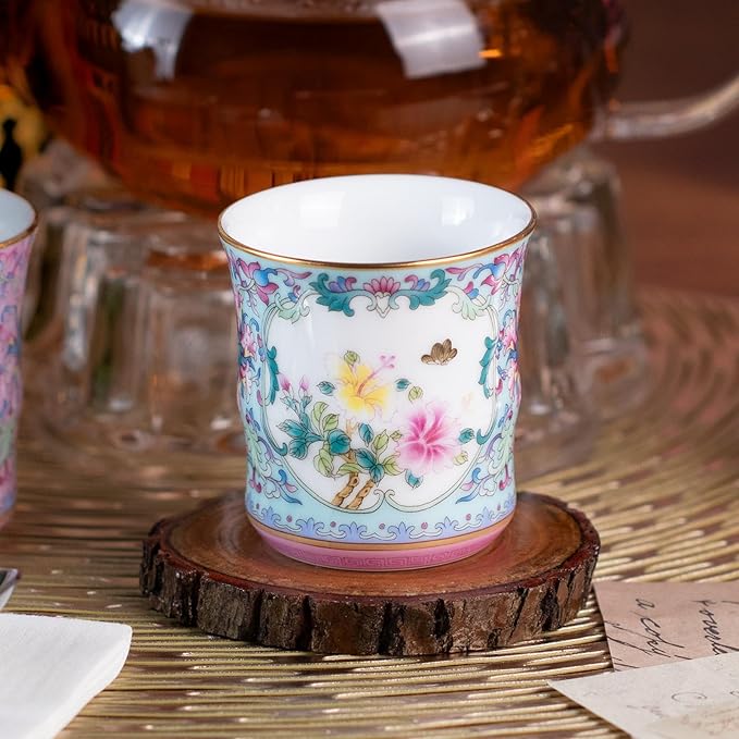 KAMMAK Tea Cups Set of 2, 3.53 Mini Ceramic & Porcelain Tea Mugs - Handleless Vintage, Non-Toxic Handcrafted Cups for Juice, Coffee, Gift(Pink + Lake Blue)