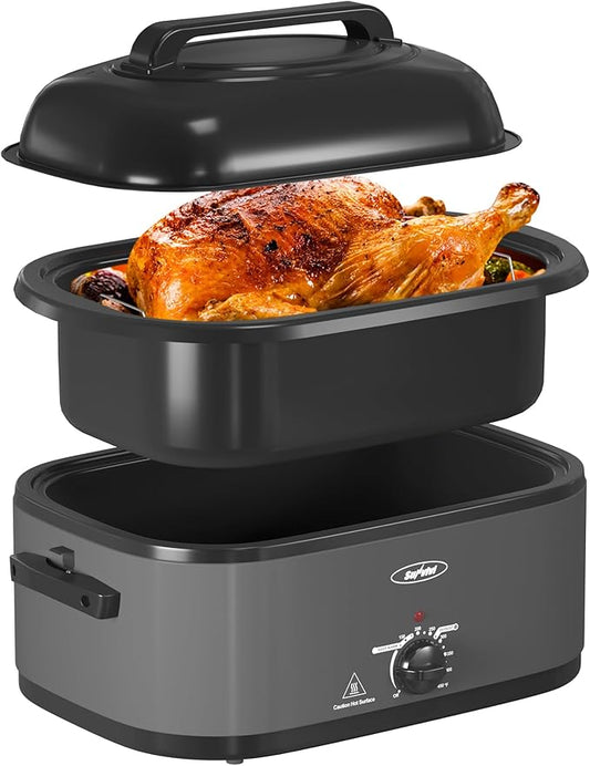Sunvivi Electric Roaster, 28-Quart Electric Roaster Oven featuring a Glass Lid, Ideal for Turkey Roasting with Self-Basting Cover, Detachable Pan, Cool-Touch Handles, Grey