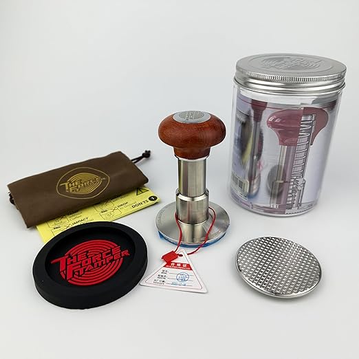 The Force Tamper Automatic Impact Adjustable Constant Pressure and Autoleveling Coffee Tamper Reddish Brown Jellyfish Wooden Handle Set Pro (Waffle-Set, 58.50mm)
