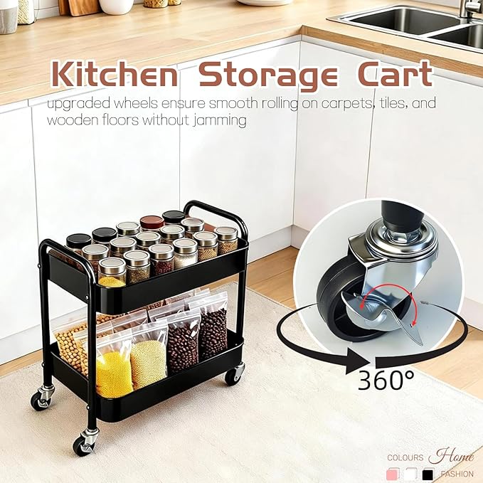 2 Tier Rolling Cart with Wheels for Under Desk Storage & Pantry Room, Large Capacity Laundry Room & Makeup Organizer, Sturdy Kitchen Utility Cart for Small Space with 4 Hooks, Black