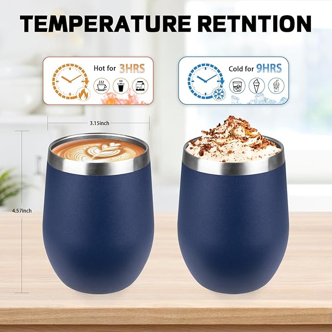 StarSpeed 12oz/12 Pack Wine Tumbler with lid, Stainless Steel Travel Mugs Stemless Double Wall Insulated Coffee Cup, Insulated Wine Glasses Travel Tumbler for Cold & Hot Drinks(Navy Blue, 12)
