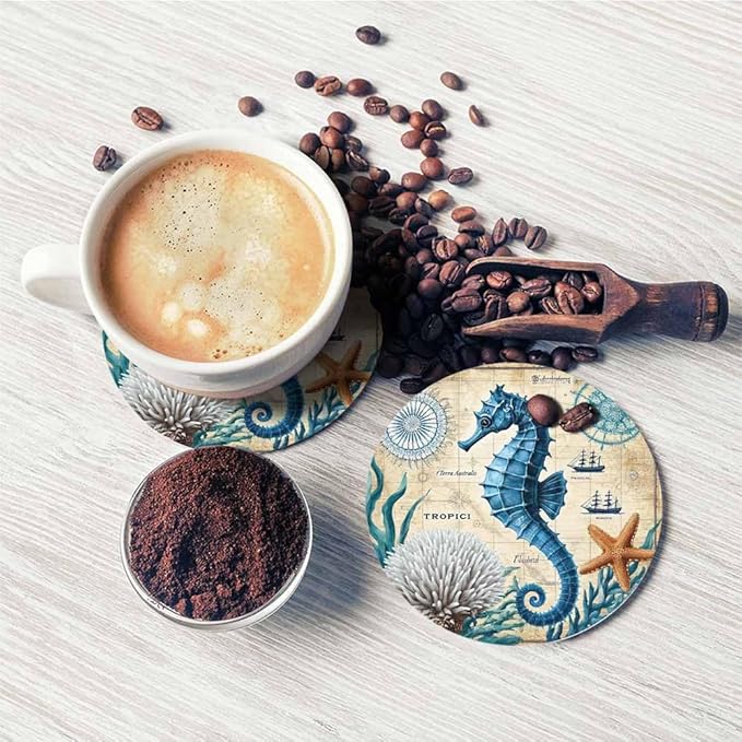 Blue Seahorse Anti Slip Coasters Ocean Wildlife Sea Animals Adventure Aquatic Rose Nautical Map Cups Place Mats for Table Home Decor 4 Inches Living Room Kitchen Coffee Table,2 Pcs