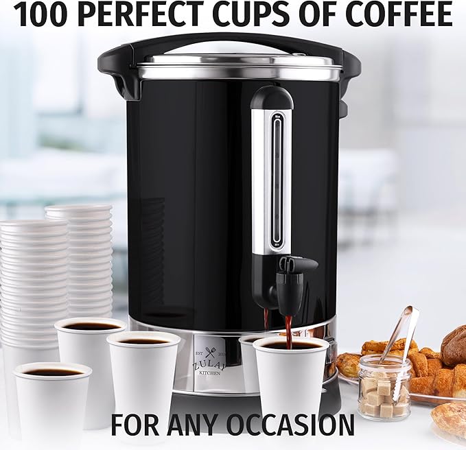 Zulay Commercial Coffee Maker - 100 Cup Coffee Percolator With Double-Wall Stainless Steel & Twist-Lock Lid - Quick Brewing Coffee Urn With Keep-Warm Mode For Events & Catering - Black
