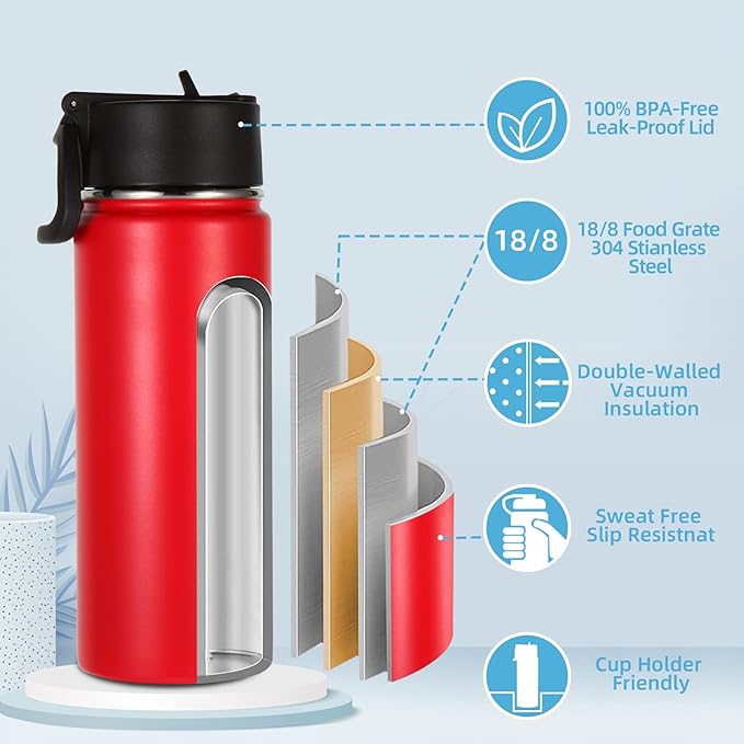 Volhoply 16 OZ Kids Water Bottle Bulk 8 Pack,Insulated Sports Bottles with Straw Lid,Stainless Steel Bottle with Handle Keep Cold & Hot,Double Wall Vacuum Tumbler Cups for School,Girls(Red, 8)