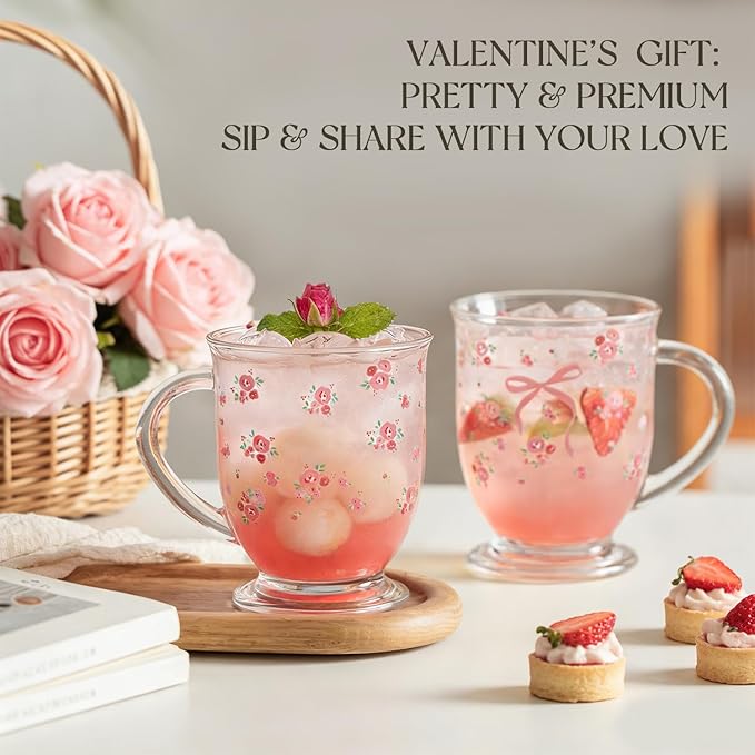 KEMORELA 16oz Valentine's glass coffee mugs Set of 2, Cute Pink Bow glass cup with Handle, Romantic Mug, Sweet Valentine's Gifts for Couple Drinking Glasses for Valentines Party- Dishwasher Safe