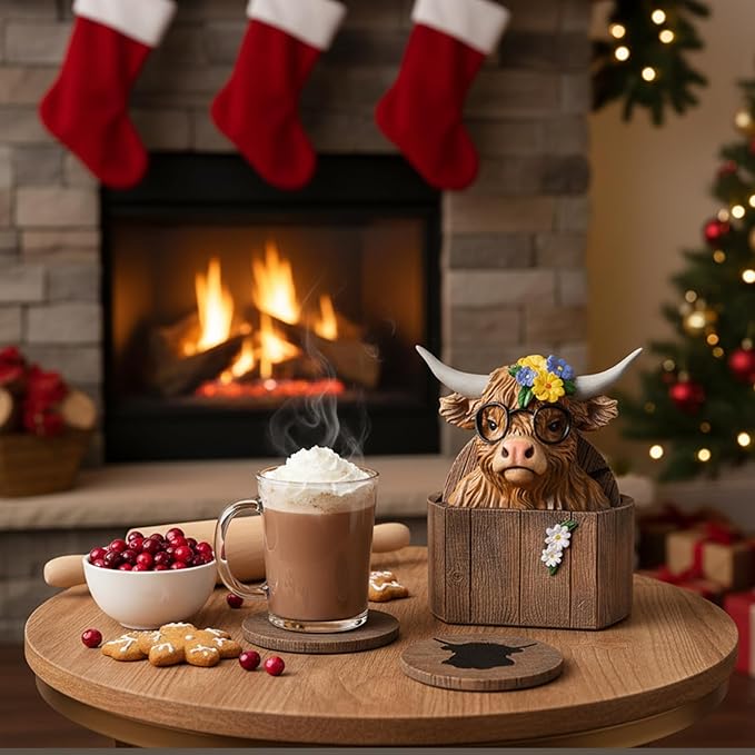 Cabin Coasters Set 6 Full Size Non-Slip Bar Coasters, Indoor Christmas Decorations, Man Cave Gifts for Men, Rustic Handmade Decor for The Home (Highland Cattle)