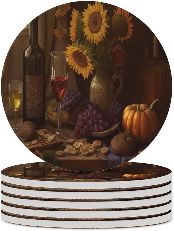 Round-6PCS Red Wine Ceramic Coasters, Round Absorbent Drink Coasters, Retro Red Wine Bottle and Grapes Fruit Sunflower Pattern Ceramic Table Coasters for Coffee, Beverage, Wine, Beer Coasters