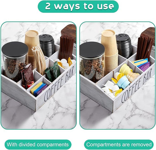 ALELION White Coffee Station Organizer for Countertop - 7 Compartments Rustic Coffee Bar Accessories and Organizer with Removable Dividers