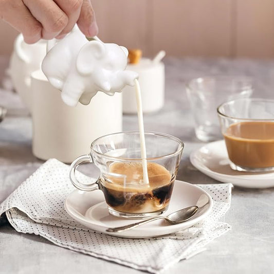 HIC Kitchen Mini Elephant Creamer With Handle, Fine Porcelain, 2-Ounce, For Serving Milk, Cream, Syrup, Dressings, And Sauces, Set of 2
