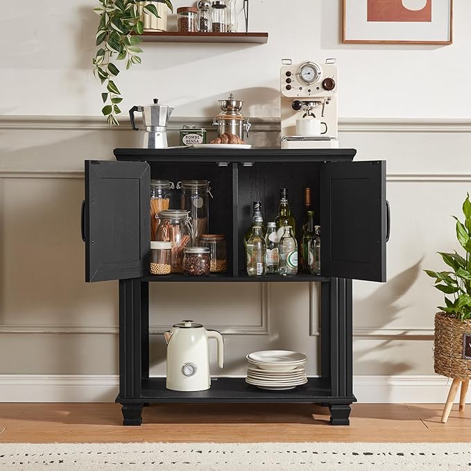 Farmhouse Coffee Bar Table with 2-Door Cabinet, Kitchen Storage Cabinets with Open Shelf, Coffee Station for Dining Room, Kitchen, Hallway, Living Room, Black